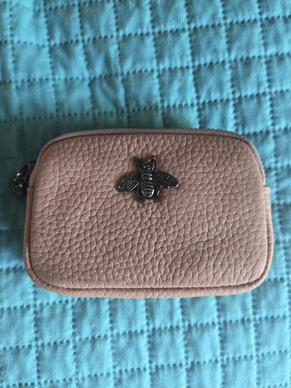 Gorgeous Leather Blush Pink Double Zip Pouch with Bee Accent